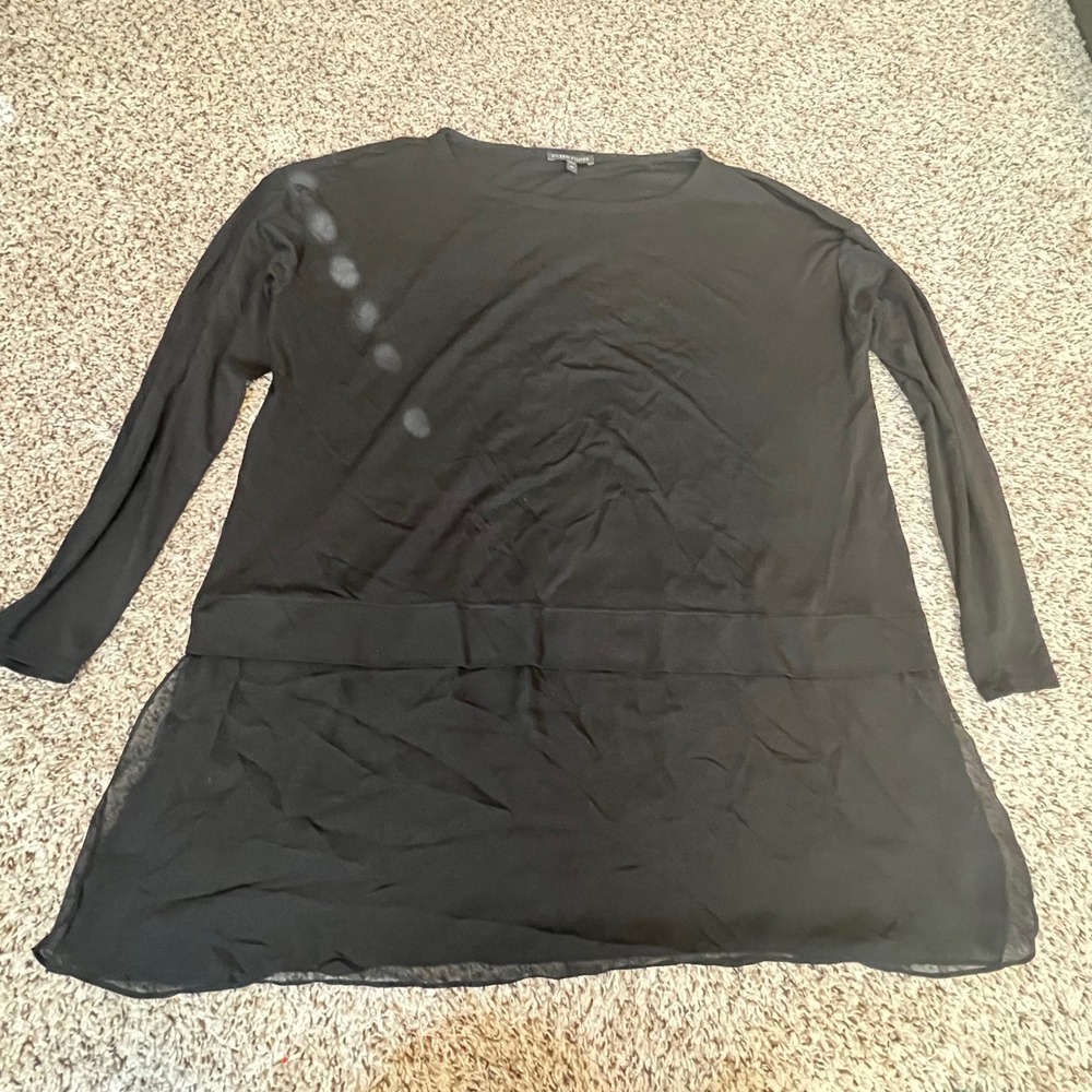Eileen Fisher Black 100% Silk Layered Chiffon Hem Long Sleeve Tunic Top Medium